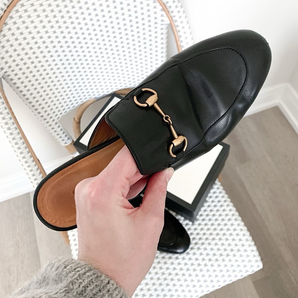 Gucci • Princetown Black Leather Slip-On Loafers Mules • 38.5